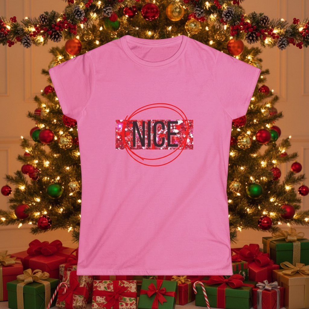 Women's graphic tee, pink with 'Nice' front stamp logo
