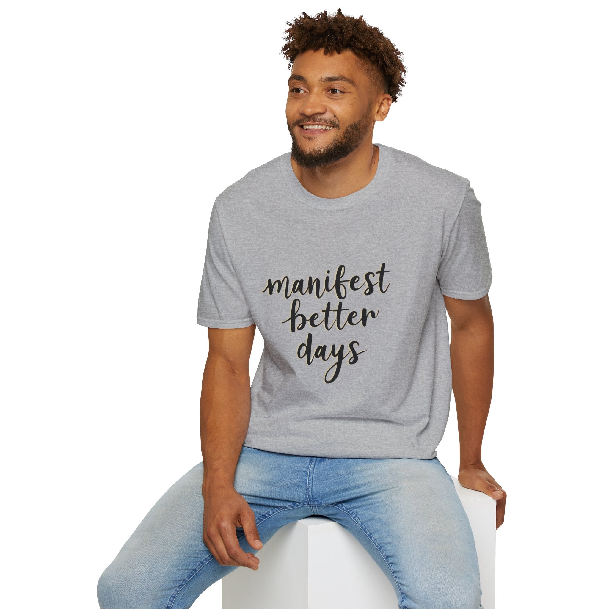 Sport grey unisex softstyle T-shirt with “manifest better days” front graphic, crew neck
