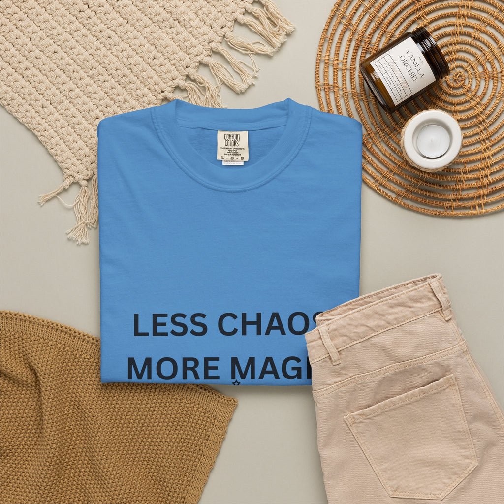 Less Chaos, More Magic T-Shirt — Crescent Moon + Stars Graphic Tee