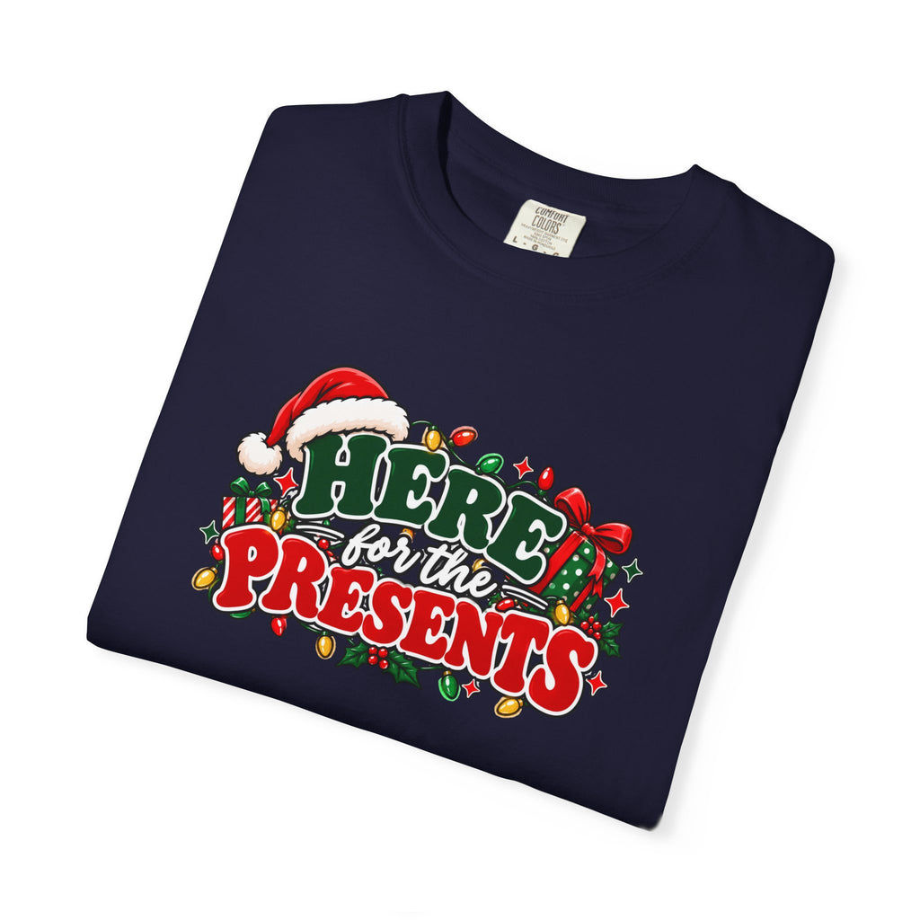 Navy crew-neck T-shirt with holiday graphic text "Here for the Presents"