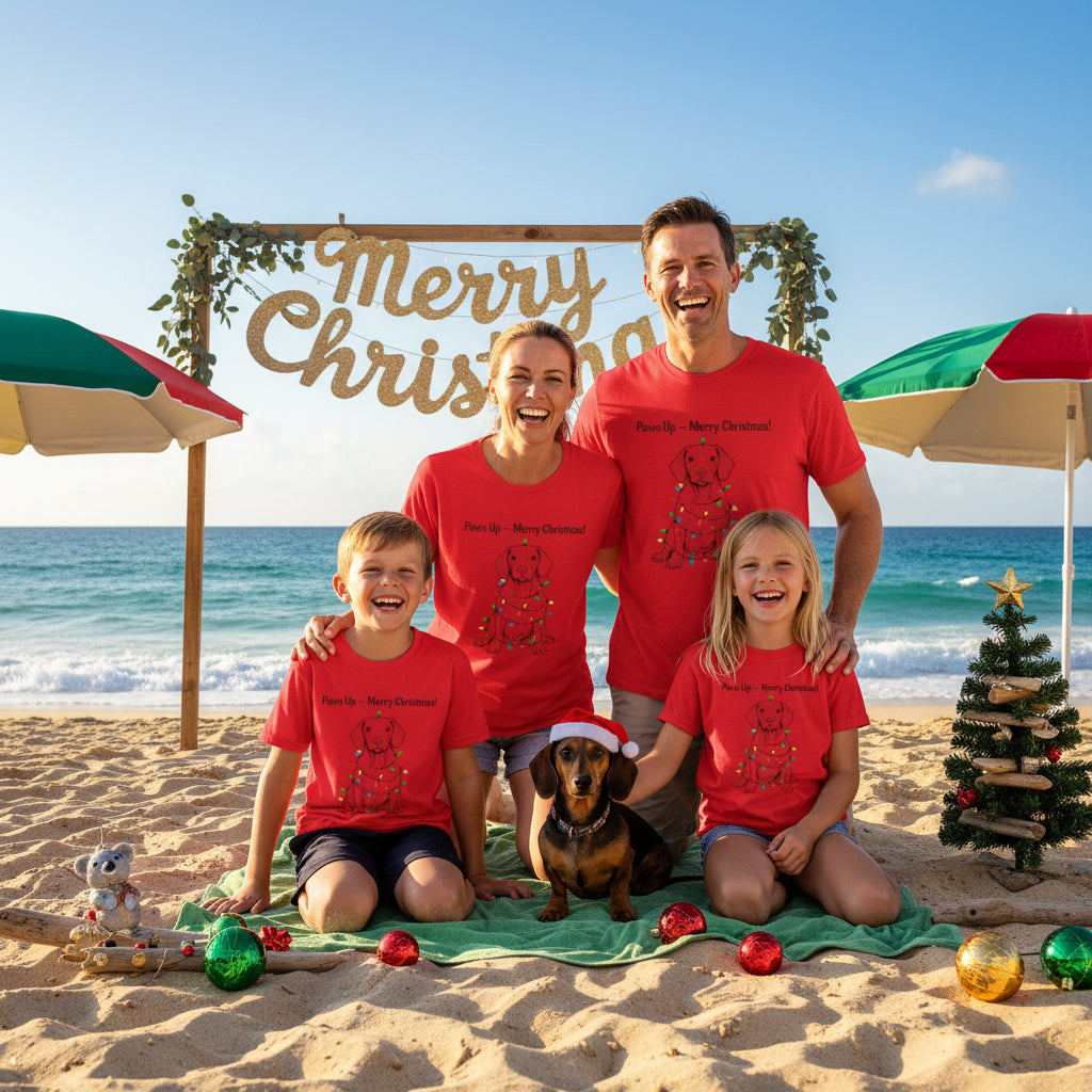 Kids red tee with cartoon puppy wearing holiday lights