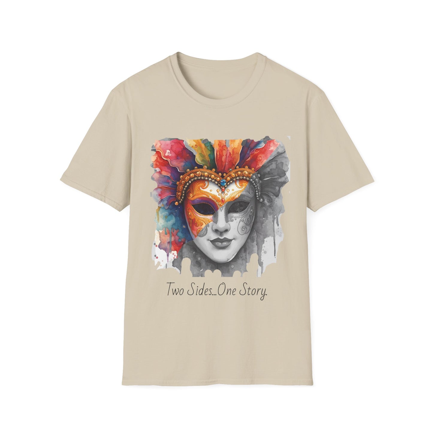 Masquerade Face T-Shirt — "Two Sides, One Story" Watercolor Mask Tee