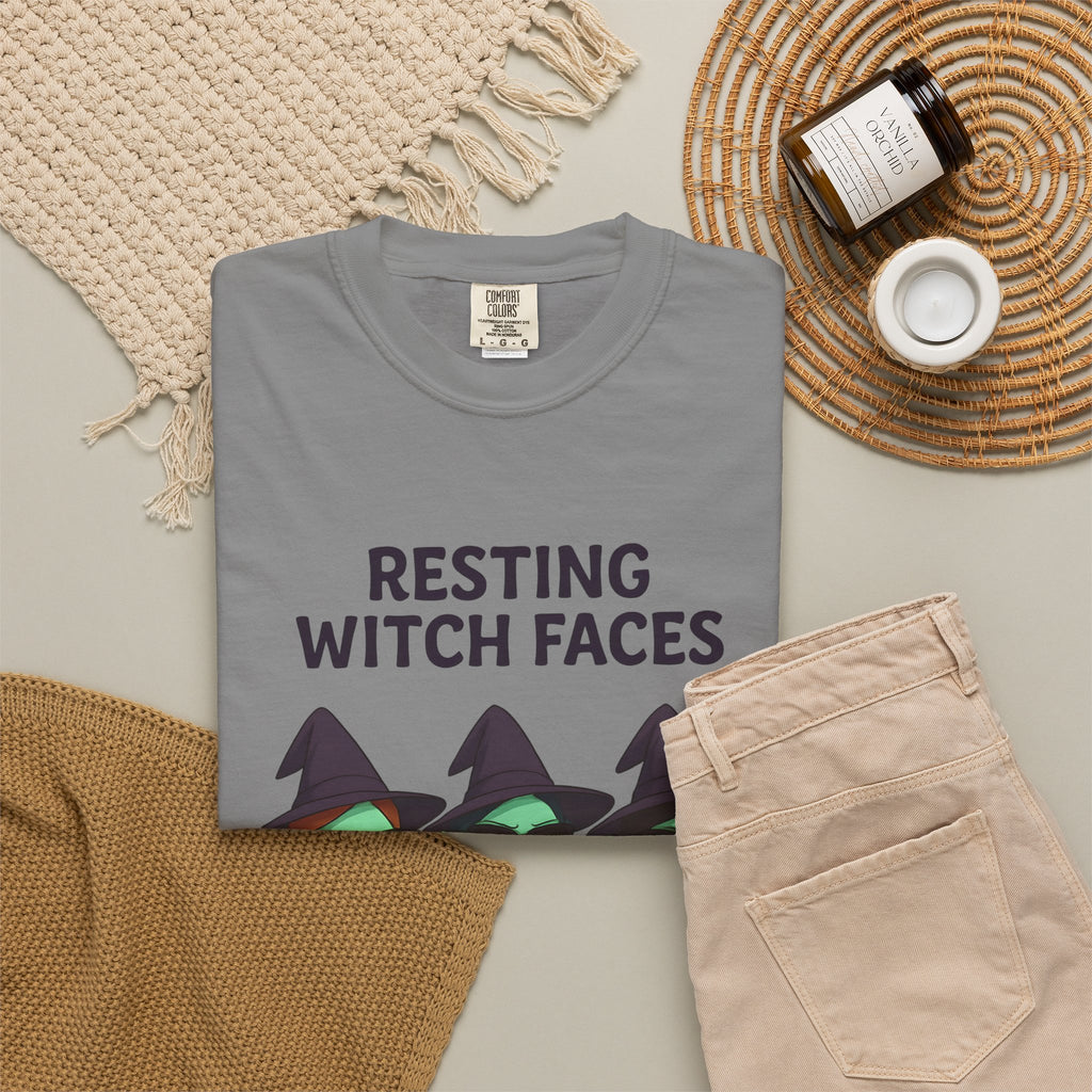 Gray crew-neck graphic T-shirt with witch faces text and characters