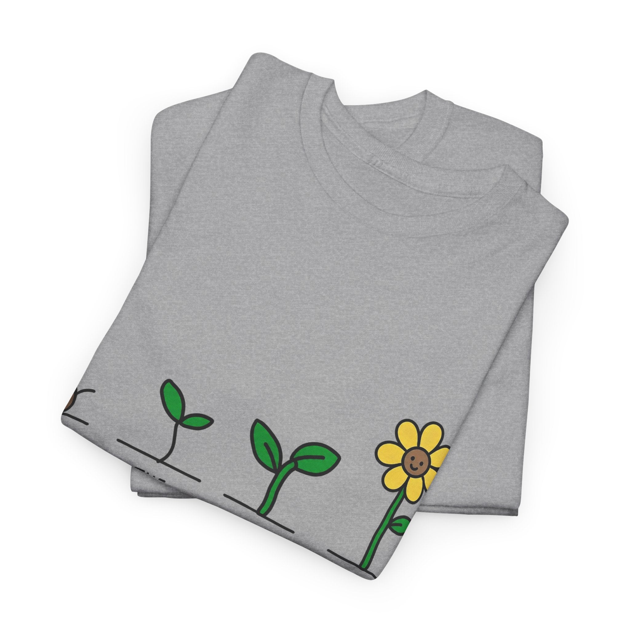 Dark gray crew-neck T-shirt with seedling-to-flower graphic