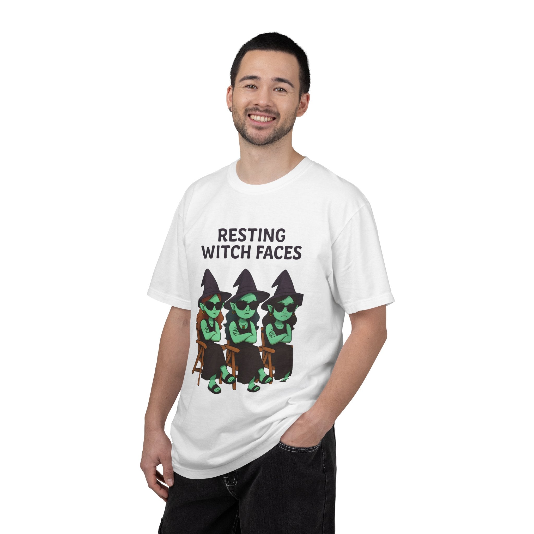 White graphic T-shirt with centered “RESTING WITCH FACES” text and witch faces