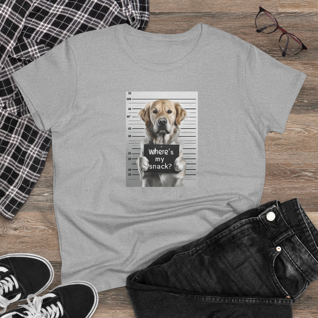 Sport grey T-shirt with dog mugshot graphic on chest and "Where's my snack?"