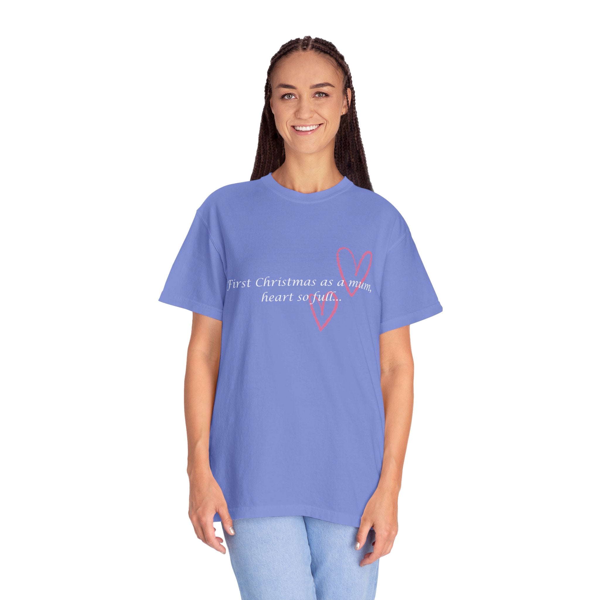 Light blue heart slogan T-shirt worn by a woman, with pink heart and script text.