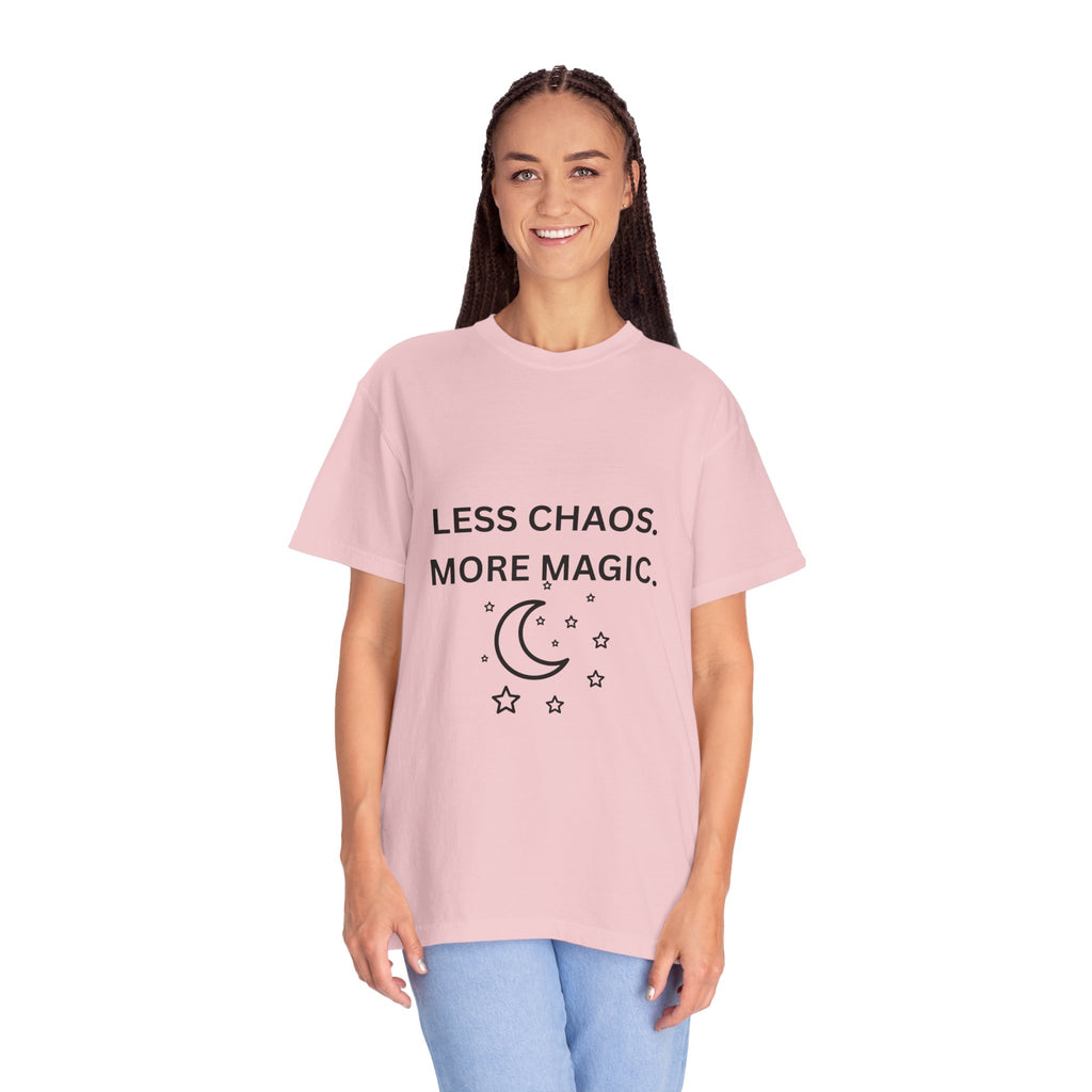 Less Chaos, More Magic T-Shirt — Crescent Moon + Stars Graphic Tee