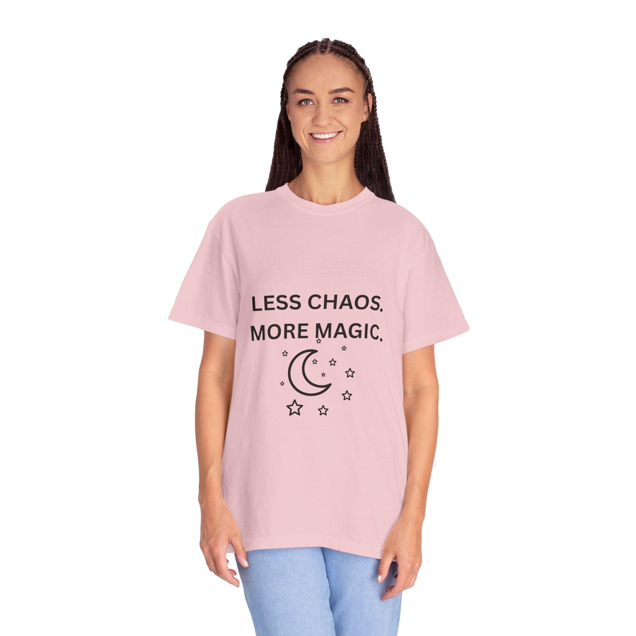 Less Chaos, More Magic T-Shirt — Crescent Moon + Stars Graphic Tee