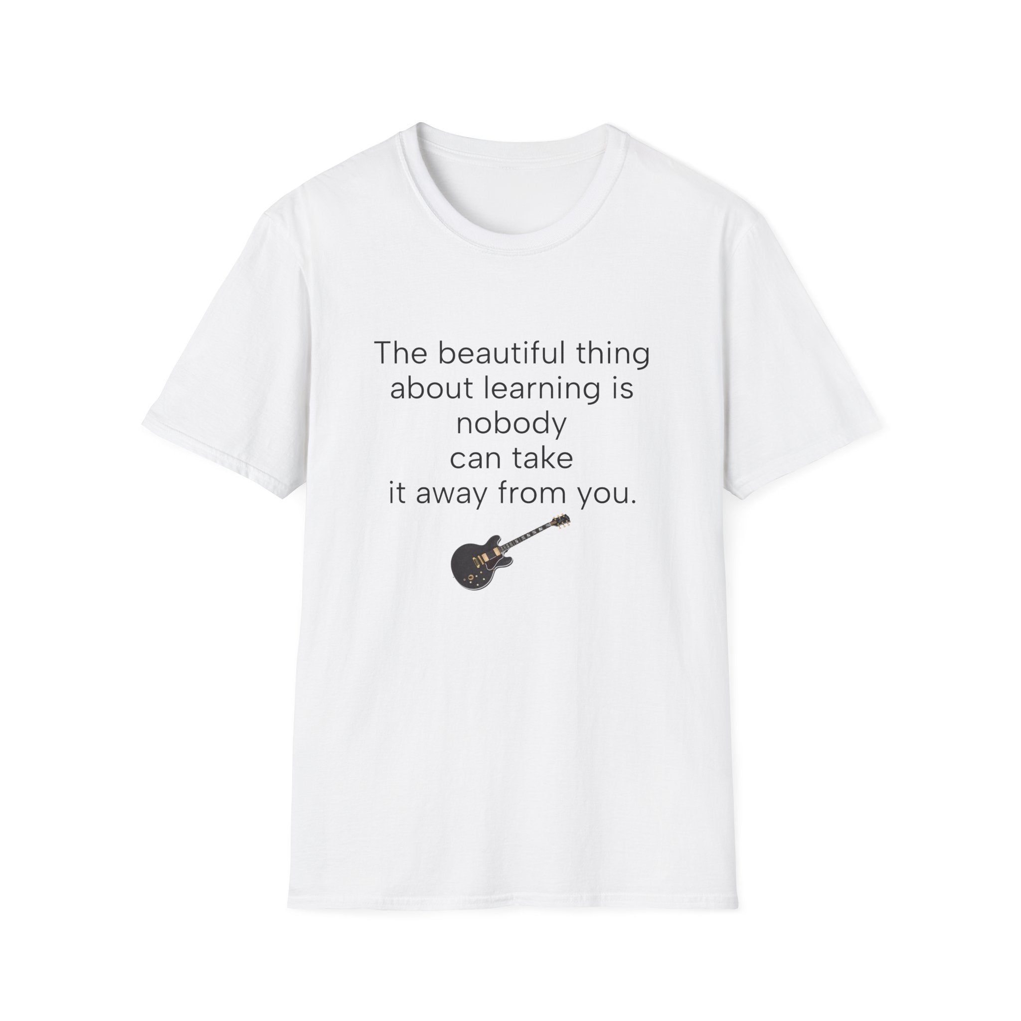 White unisex T-shirt with centered quote text and black guitar graphic on front
