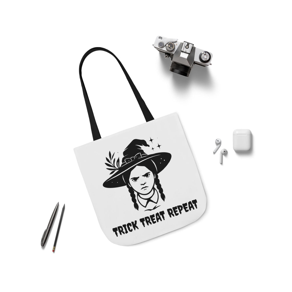 White canvas tote with black handles and witch design, 'Trick Treat Repeat'