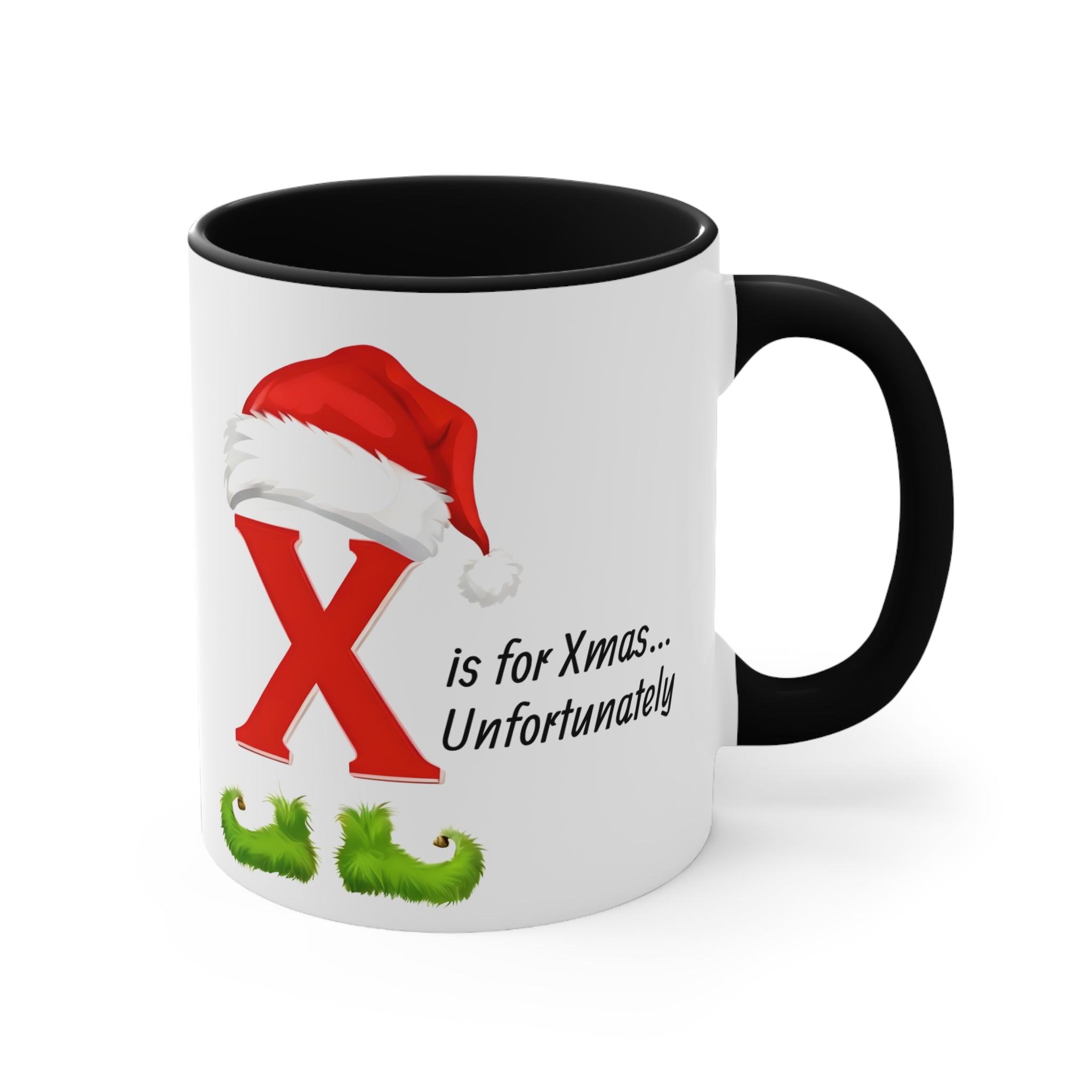 Black-handled coffee mug with red X, Santa hat, and "is for Xmas..." text