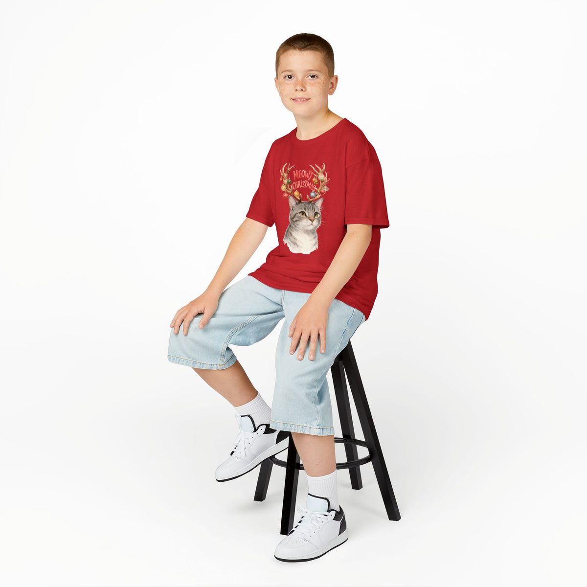 Kids Christmas Cat T‑Shirt — “Meowy Christmas” Reindeer Antler Design