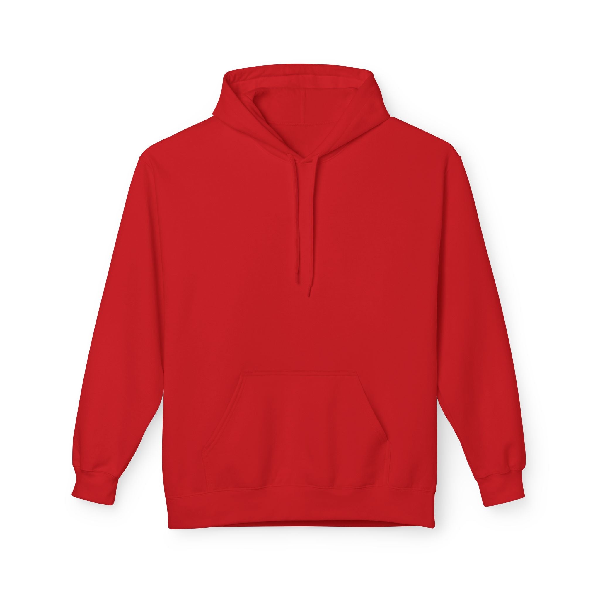 Red pullover hoodie with drawstring hood and front kangaroo pocket.