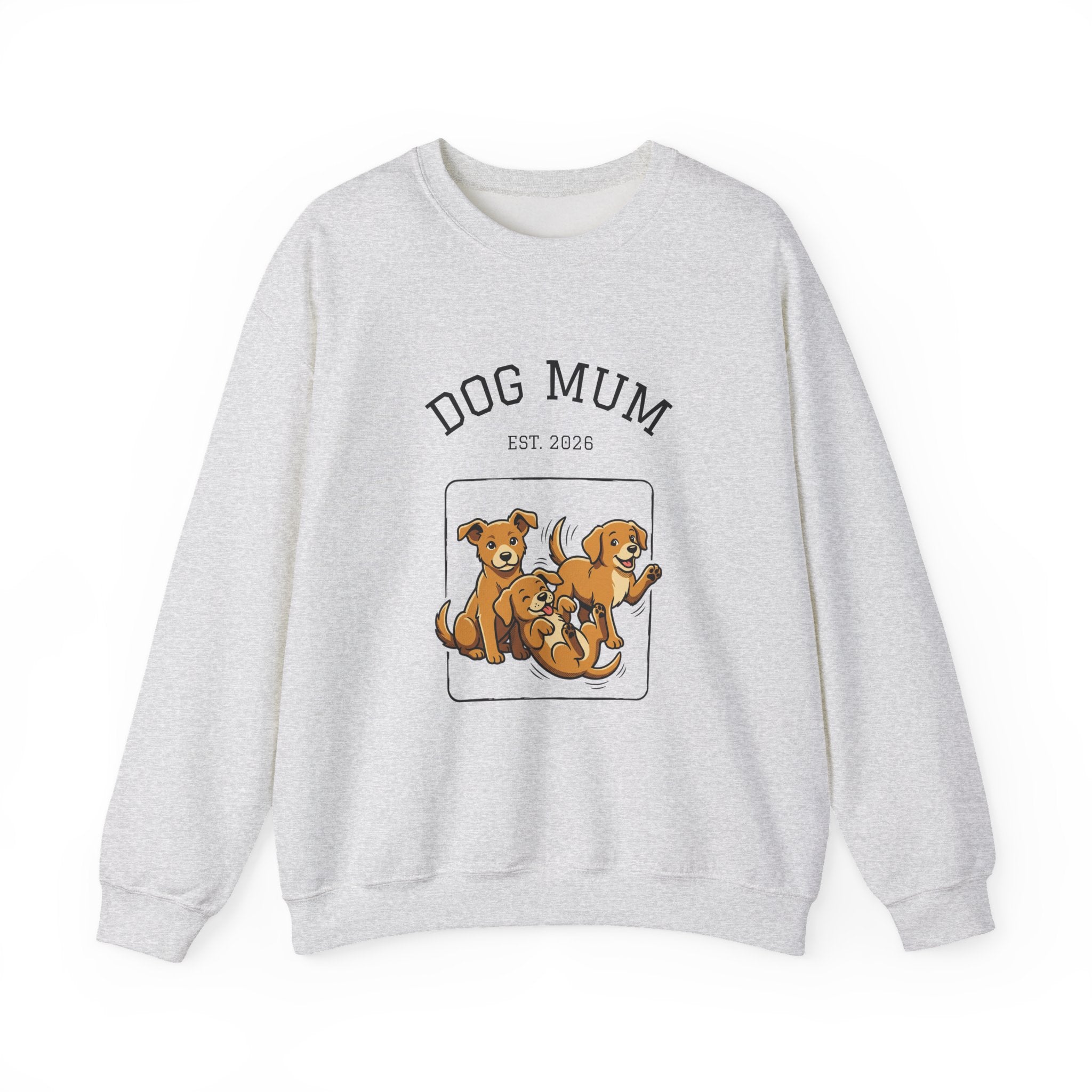 Heather gray dog mum crewneck sweatshirt with “DOG MUM” and dogs graphic front