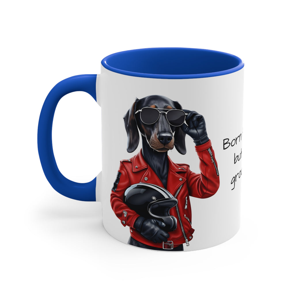 Dachshund in Motorbike Outfit Accent Mug Born to be Wild at ground level Fun Dog Lover Gift