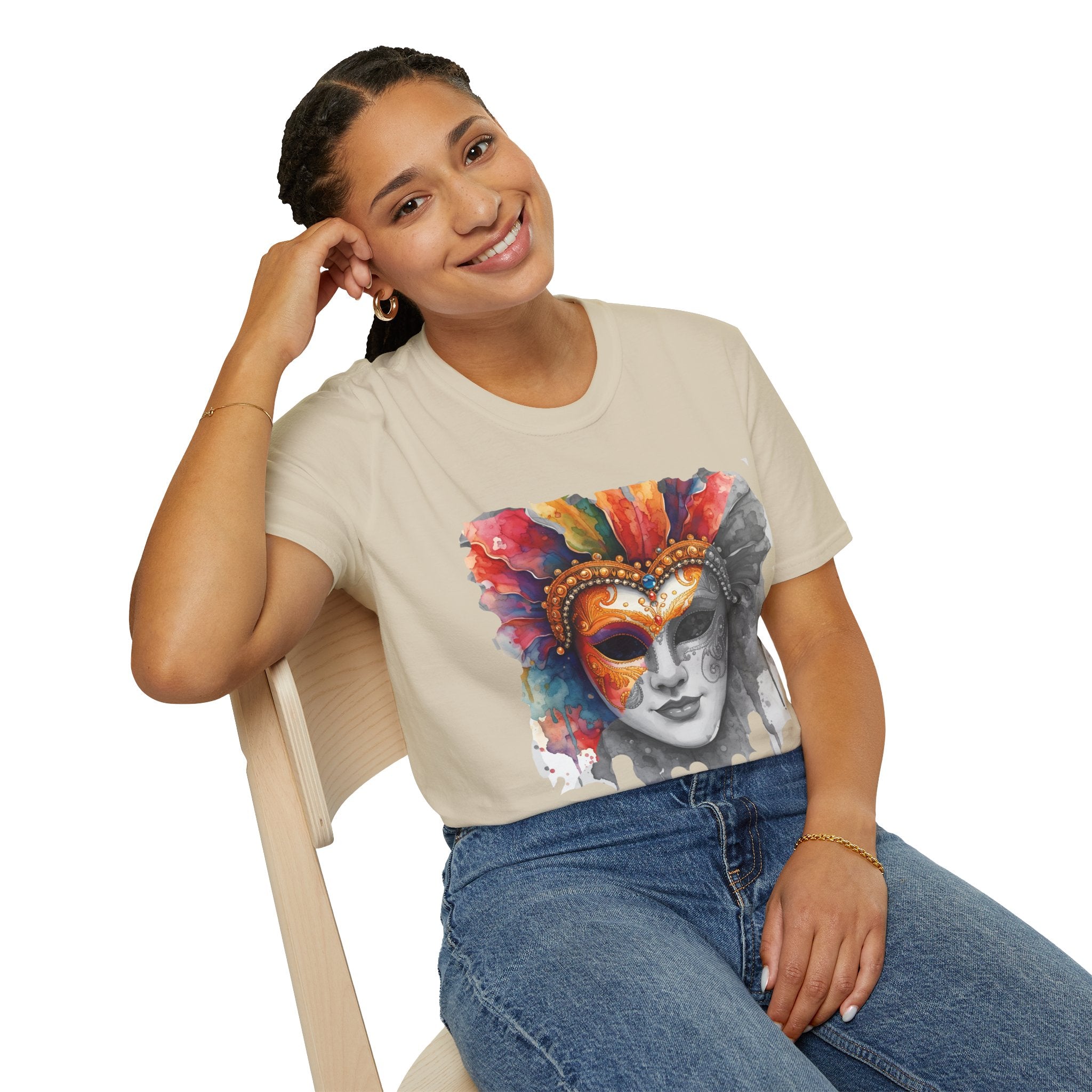 Beige T-shirt with watercolor masquerade mask face graphic, side view