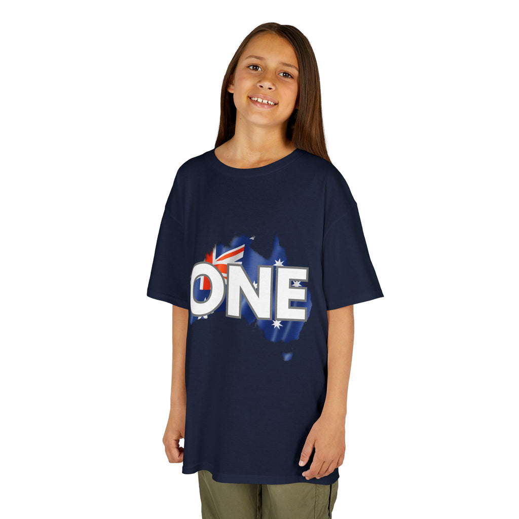 Kids Tee — "ONE" Australia Map Flag Unity Design (Patriotic Australia Day Shirt)