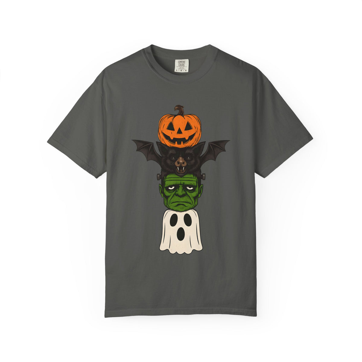 Charcoal gray Halloween graphic T-shirt with stacked pumpkin, bat, Frankenstein and ghost