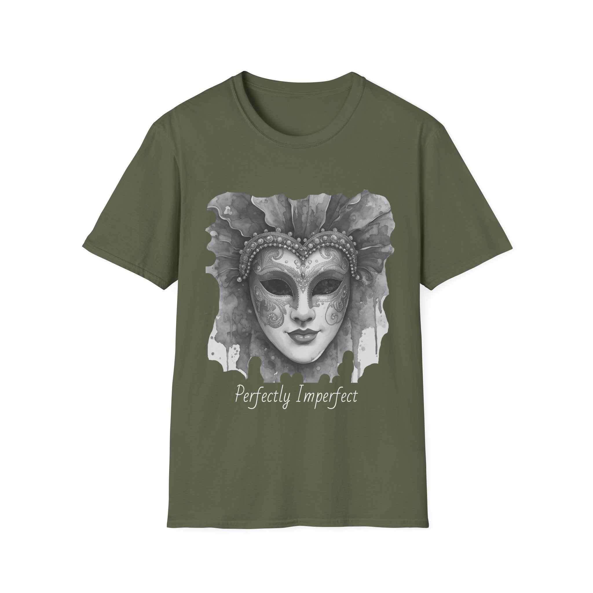 Masquerade face T-shirt in olive green with grayscale mask graphic and “Perfectly Imperfect” text
