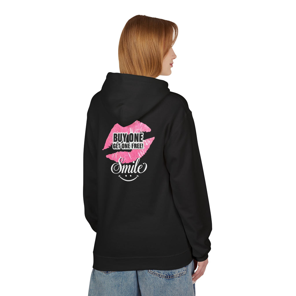 Black zip-up hoodie with pink back graphic reading “BUY ONE GET ONE FREE” and “Smile”