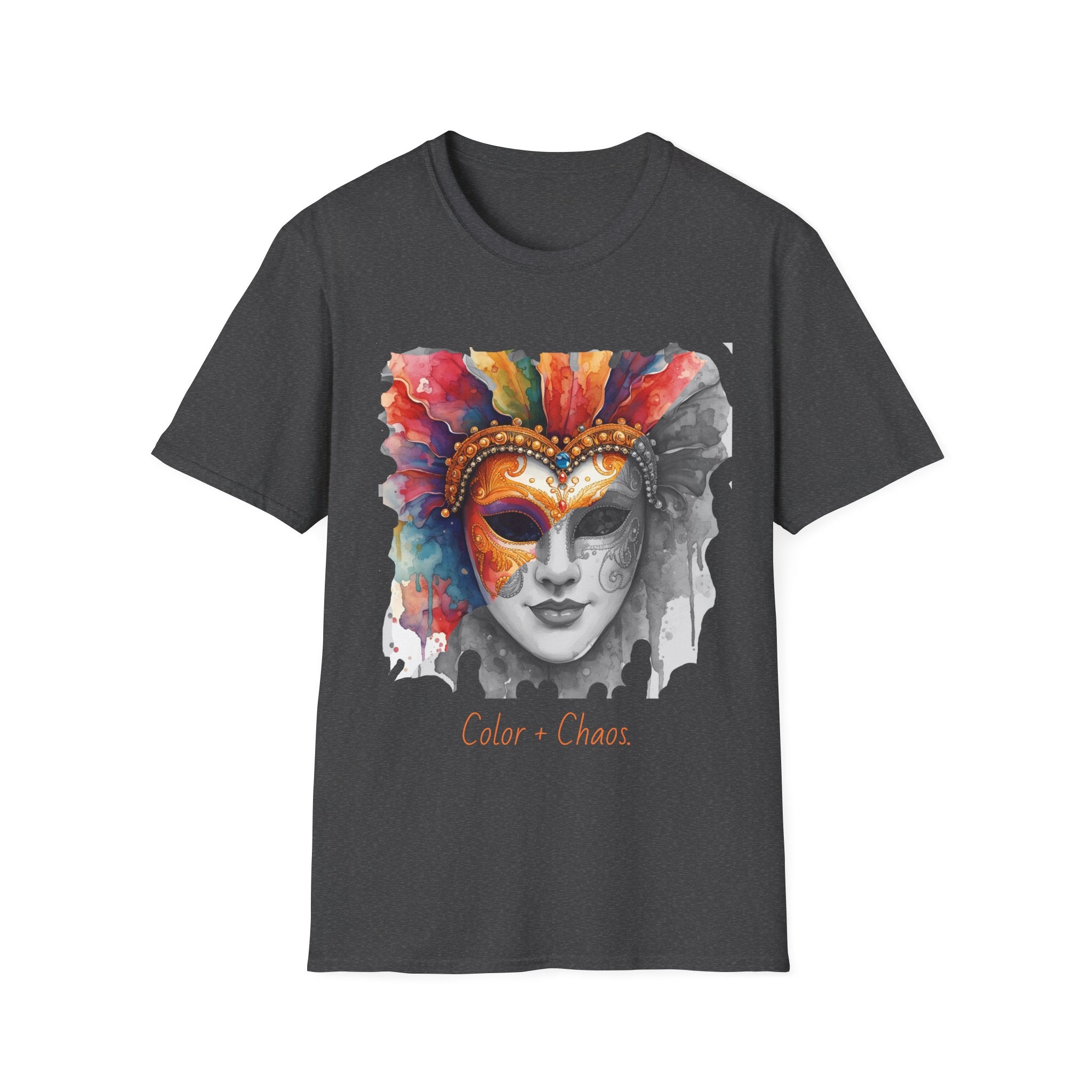 Dark heather face graphic T-shirt with watercolor masquerade mask print on front