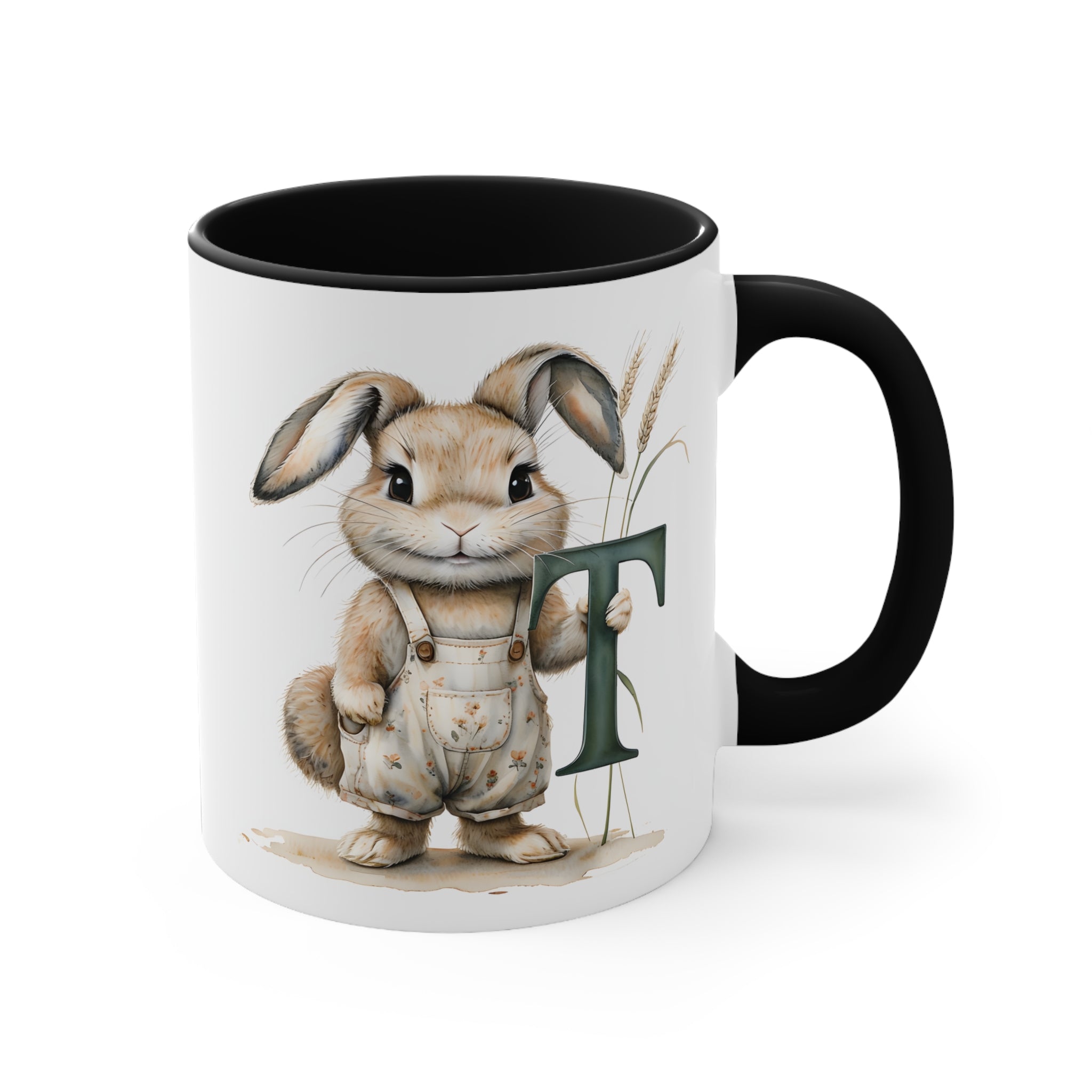 Whimsical Letter T Bunny Accent Mug, 11oz - Perfect for Easter, Spring Gifts, Coffee Lovers, Home Decor, Cute Animal Cups