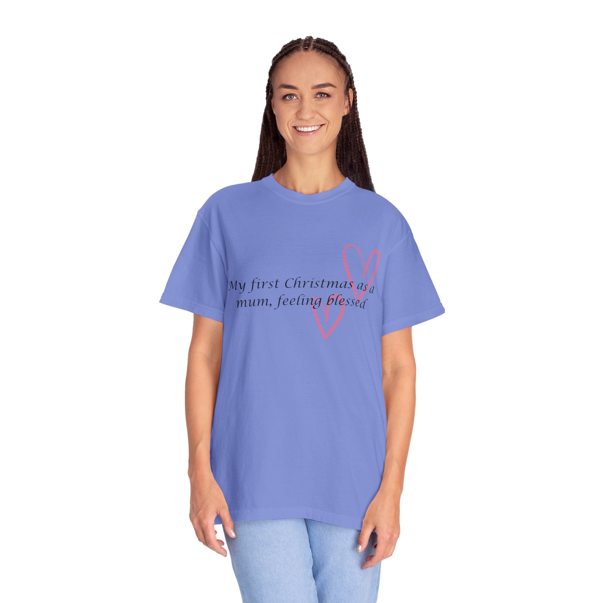Blue Christmas mum t-shirt on model with pink heart graphic and “feeling blessed” text