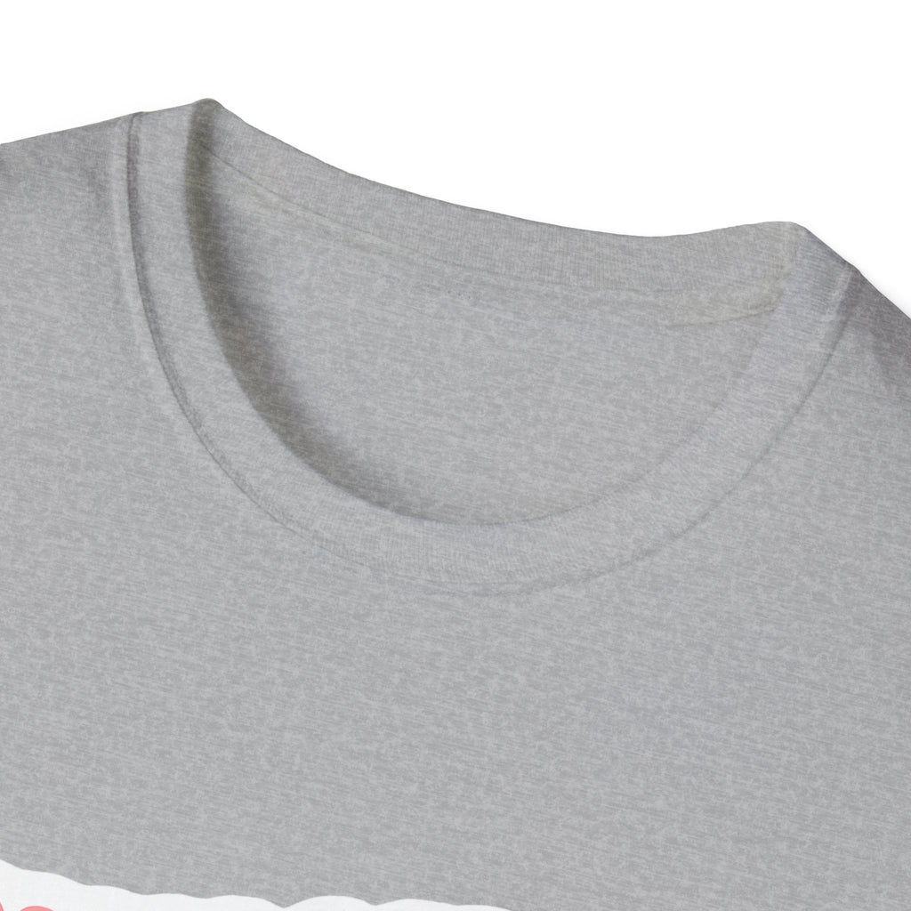 Unisex softstyle t-shirt close-up of heather gray crew neck and short sleeves