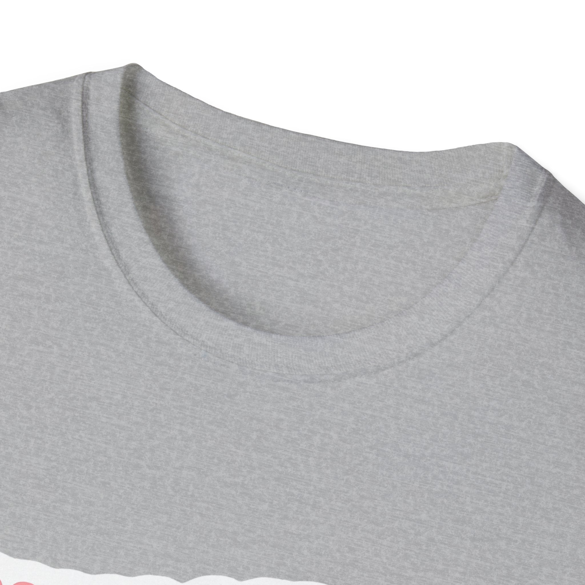 Unisex softstyle t-shirt close-up of heather gray crew neck and short sleeves
