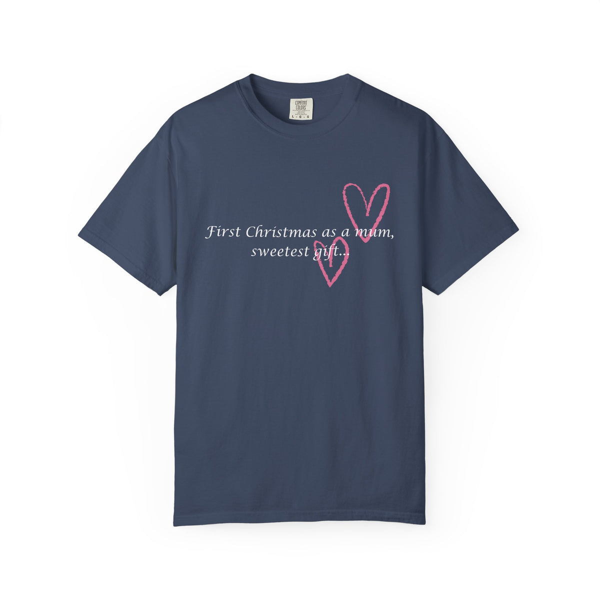 True navy women's Christmas mum T-shirt with pink heart graphic and 'sweetest gift' text