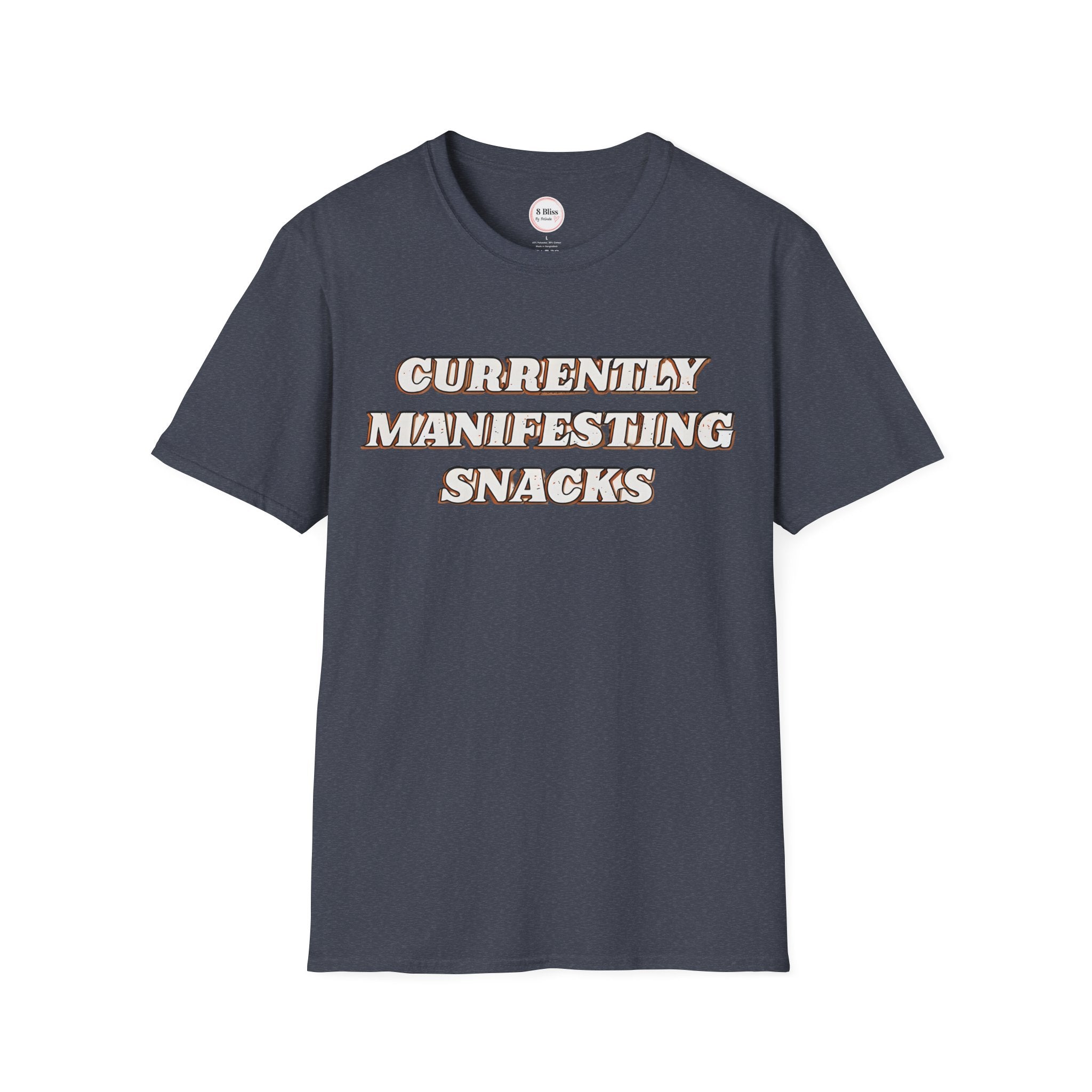 Heather navy t-shirt with bold text graphic: “CURRENTLY MANIFESTING SNACKS”