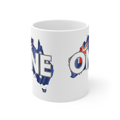 White ceramic mug with partial 'ONE' letters and Australia flag map graphic, side view.