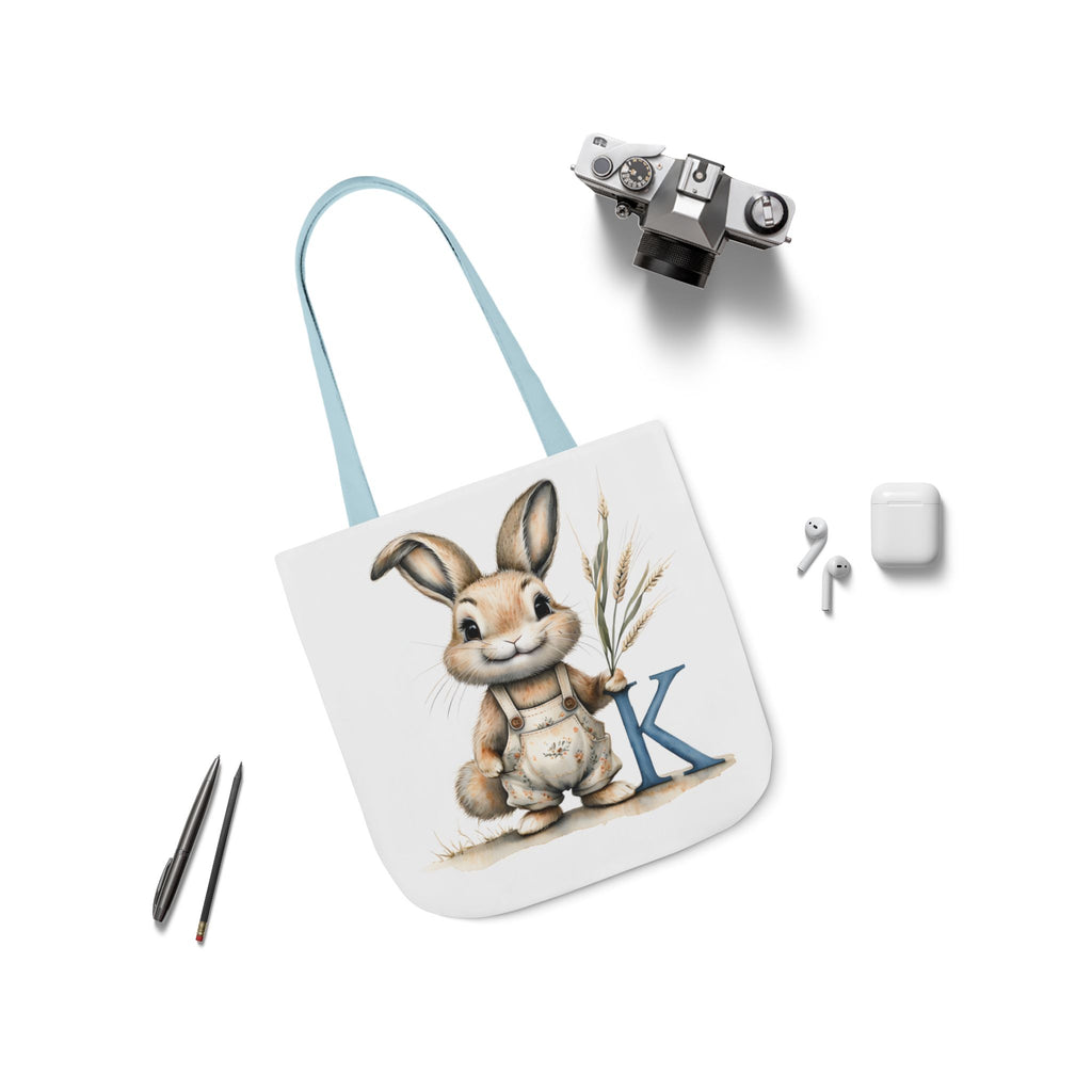 Whimsical Letter K Bunny Canvas Tote Bag, Perfect for Spring, Easter, Gardening, Eco-Friendly Shopping, Cute Animal Design