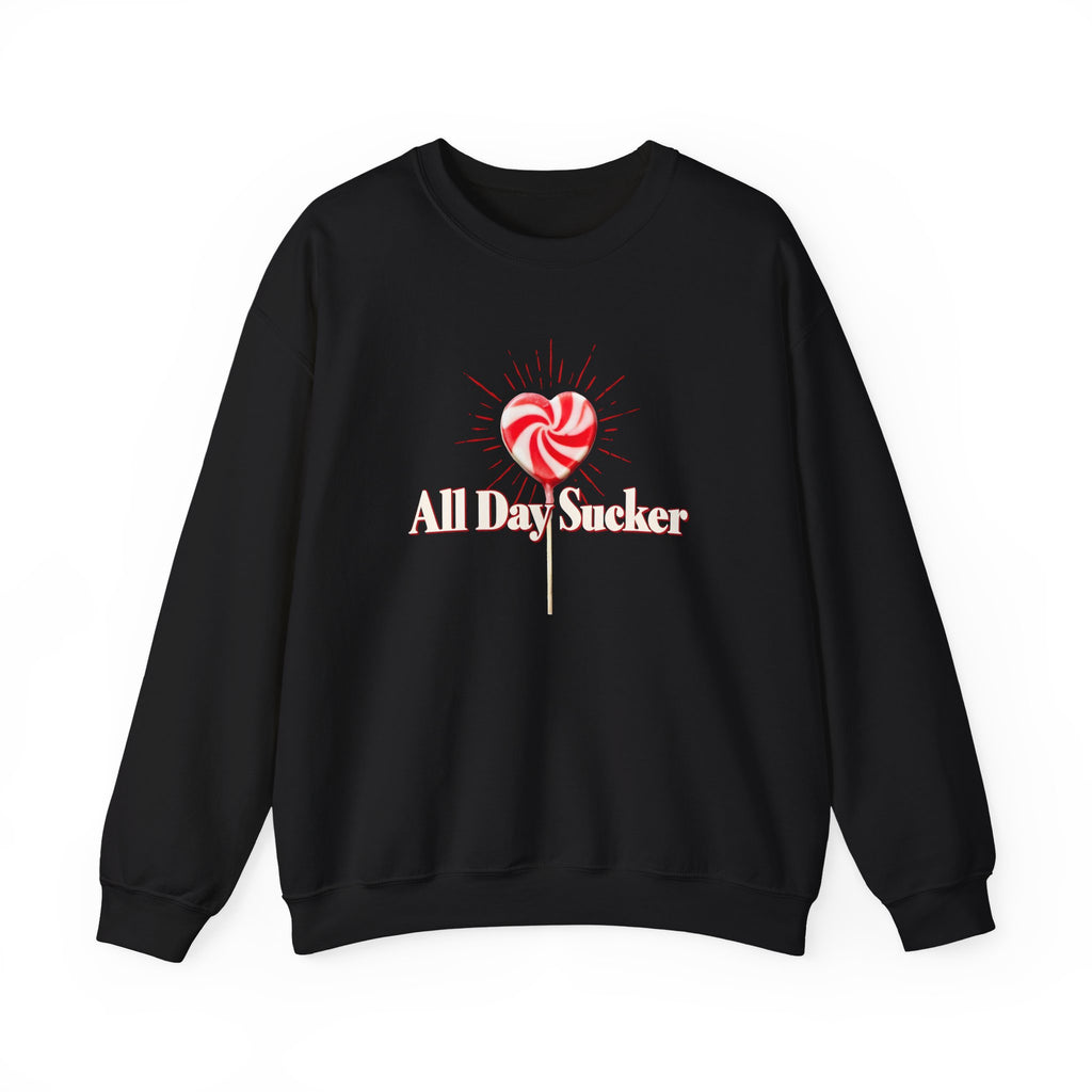 Black crewneck sweatshirt with centered lollipop heart graphic and "All Day Sucker"