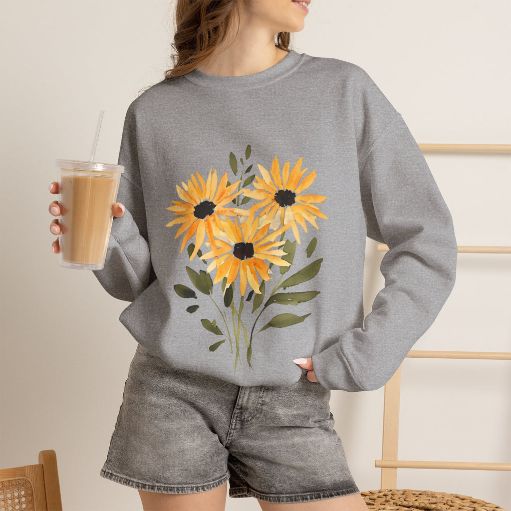 Gray crewneck sweatshirt with sunflower bouquet graphic on chest, long sleeves