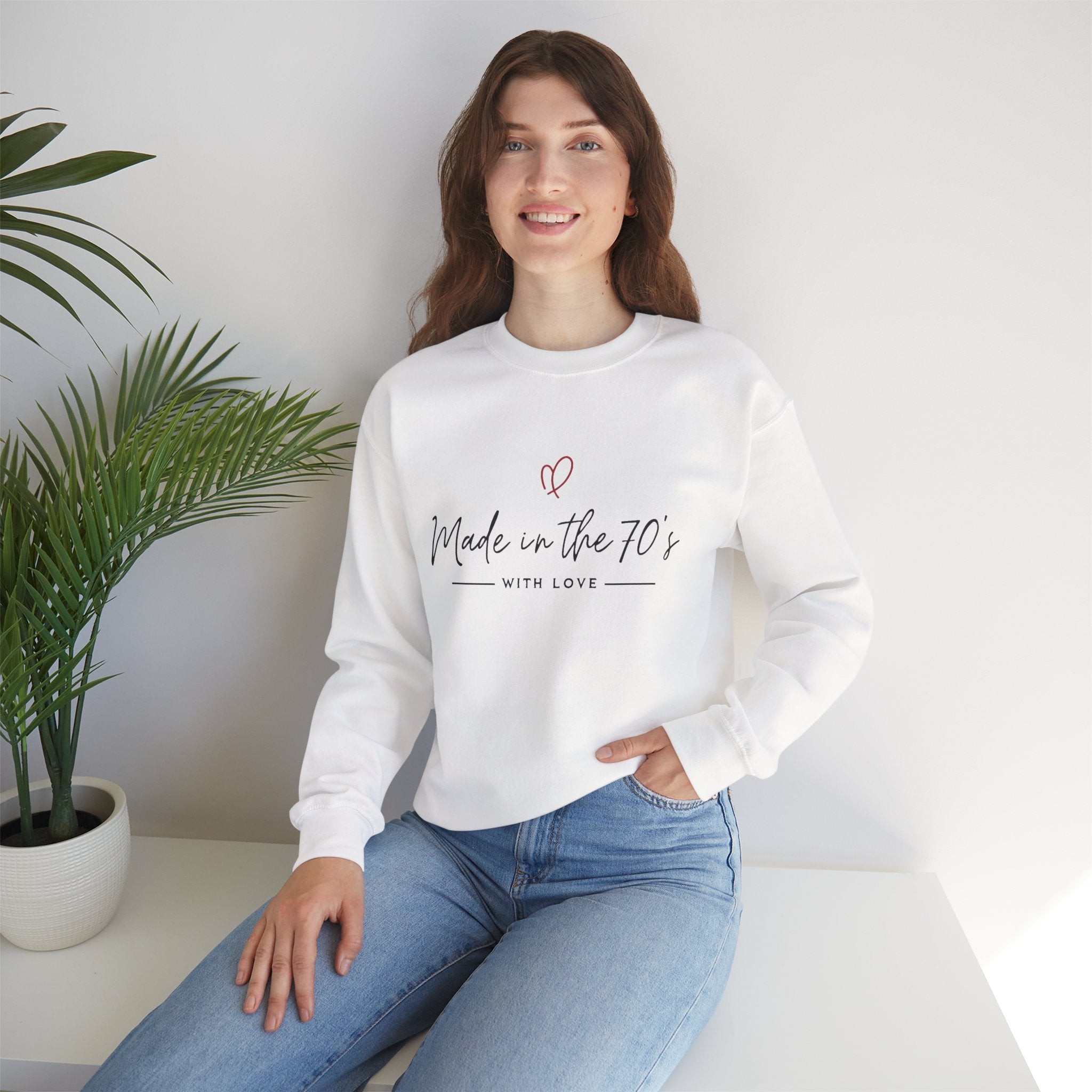 Unisex crewneck sweatshirt, white with “Made in the 70’s” heart graphic