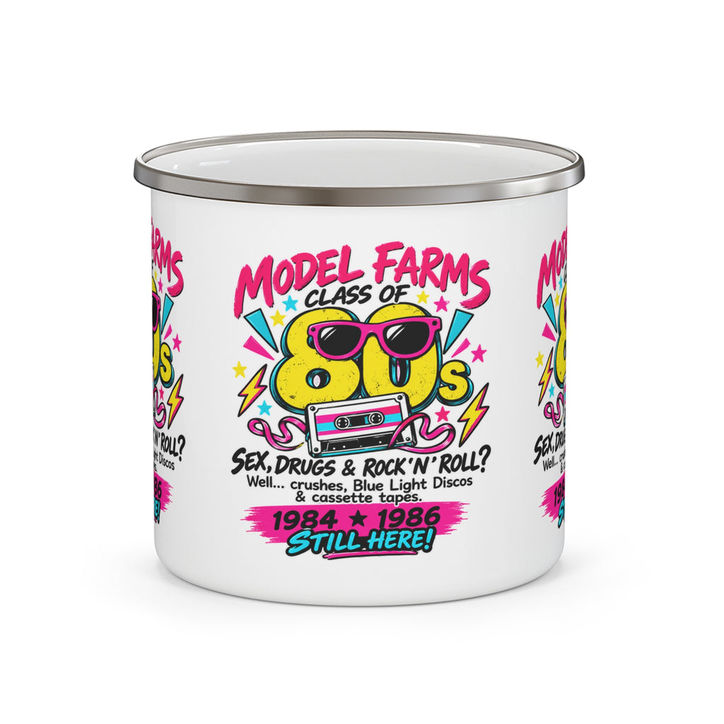 White enamel camping mug with colorful retro cassette graphic, metal rim and base