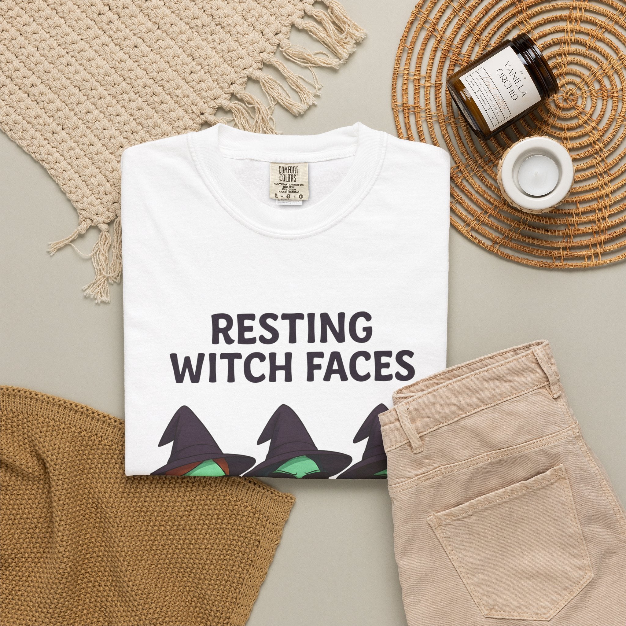 White T-shirt with “RESTING WITCH FACES” text and three witch faces graphic