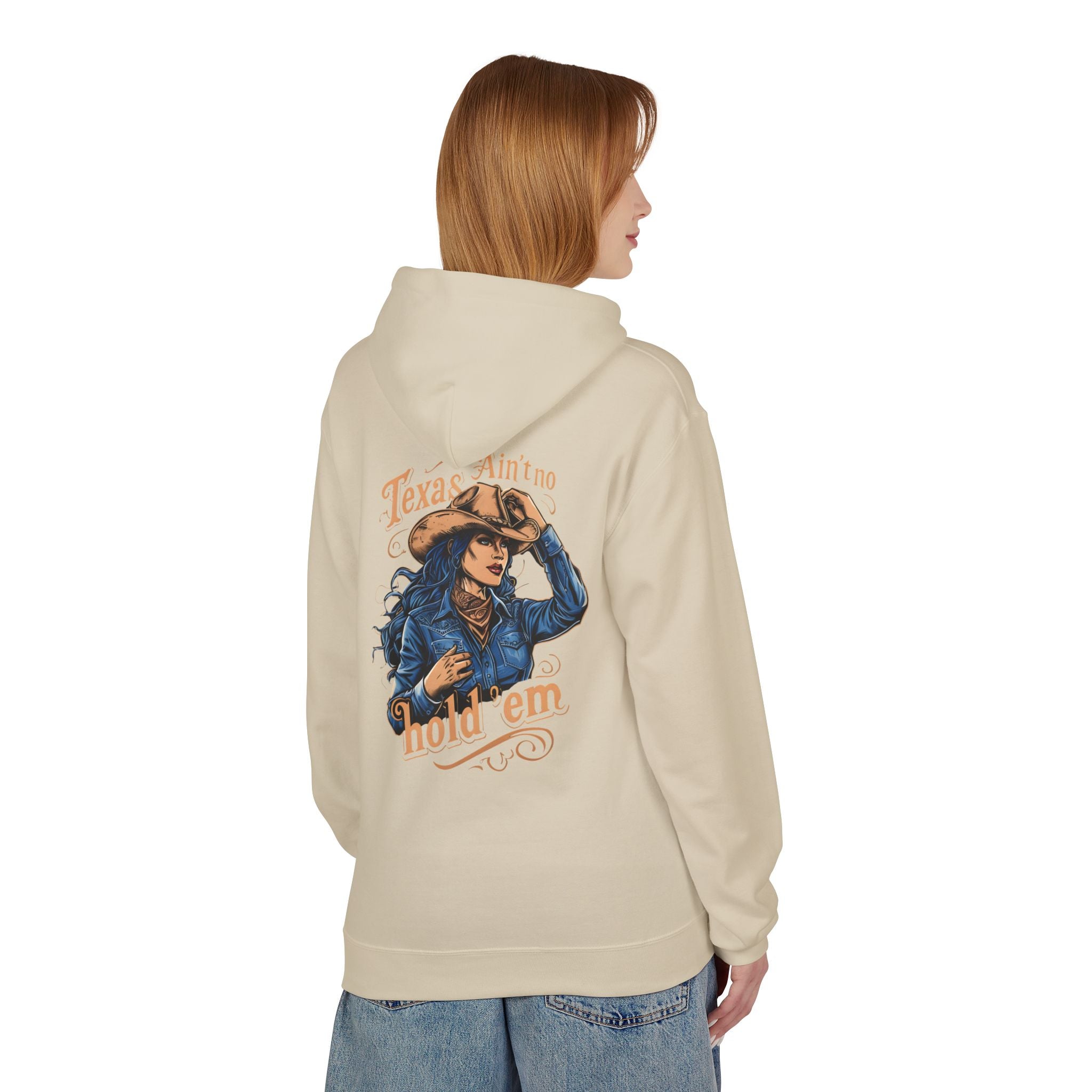 Sand cowgirl hoodie pullover, back graphic print with hat-wearing woman and 'hold 'em' text