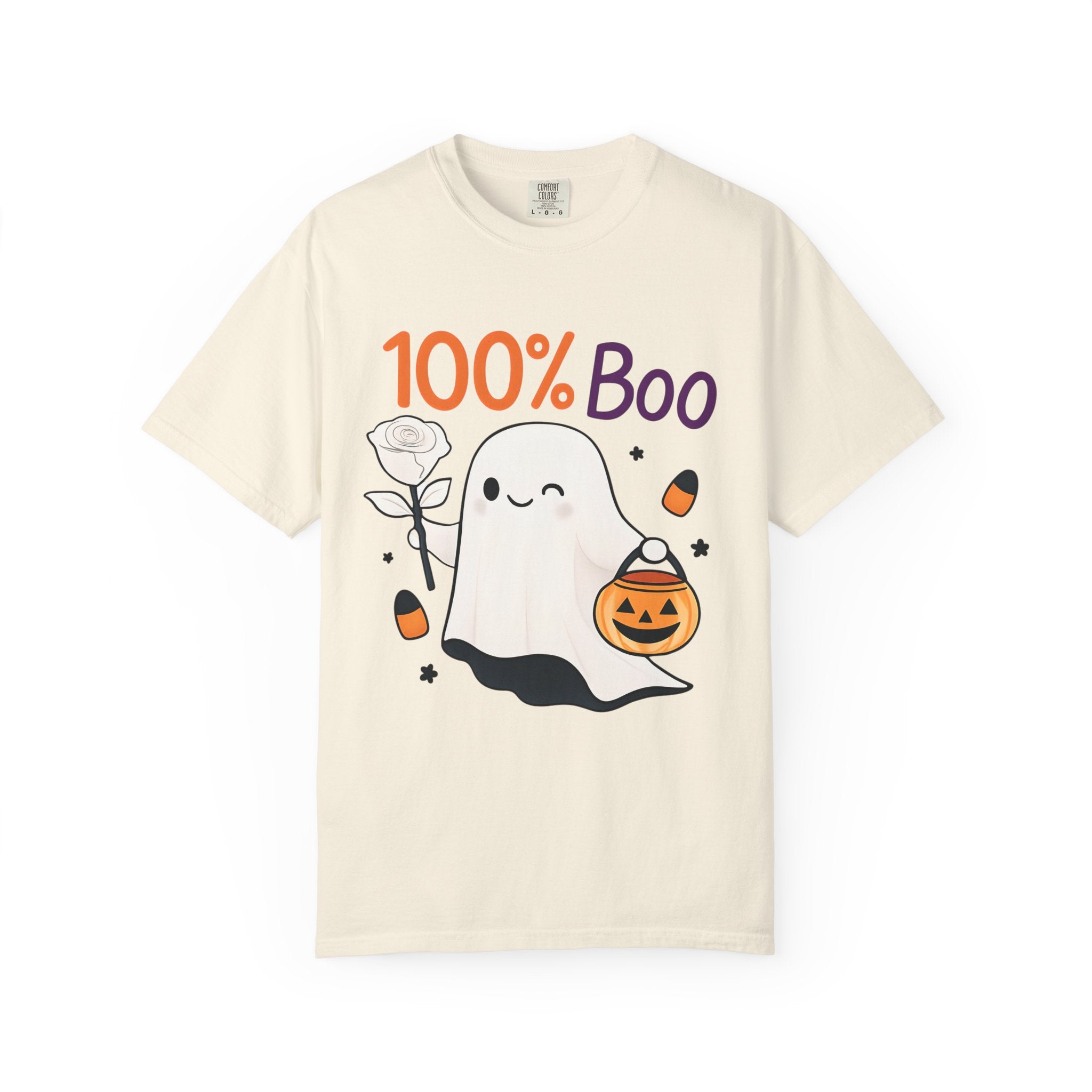 Ivory Halloween graphic t-shirt with “100% Boo” ghost and jack-o’-lantern