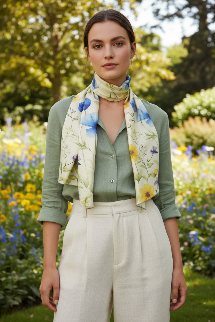Yellow and Blue Pastel Floral Silk-Look Scarf — Soft Garden Print