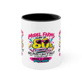 Dark interior ceramic coffee mug with colorful retro farm-and-cassette graphic