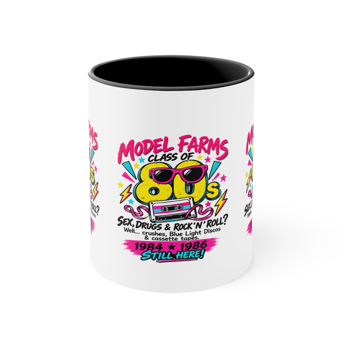 Dark interior ceramic coffee mug with colorful retro farm-and-cassette graphic