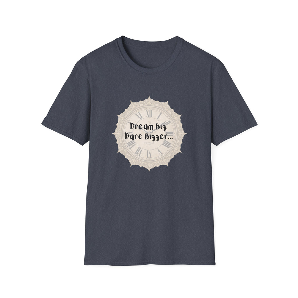 Dark blue T-shirt with Dream Big, Dare Bigger... clock print