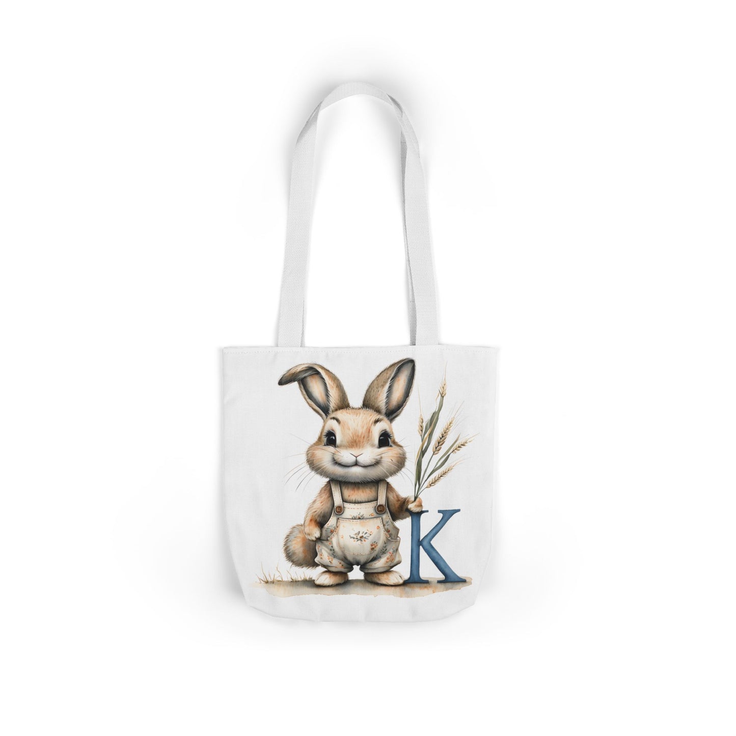 Whimsical Letter K Bunny Canvas Tote Bag, Perfect for Spring, Easter, Gardening, Eco-Friendly Shopping, Cute Animal Design