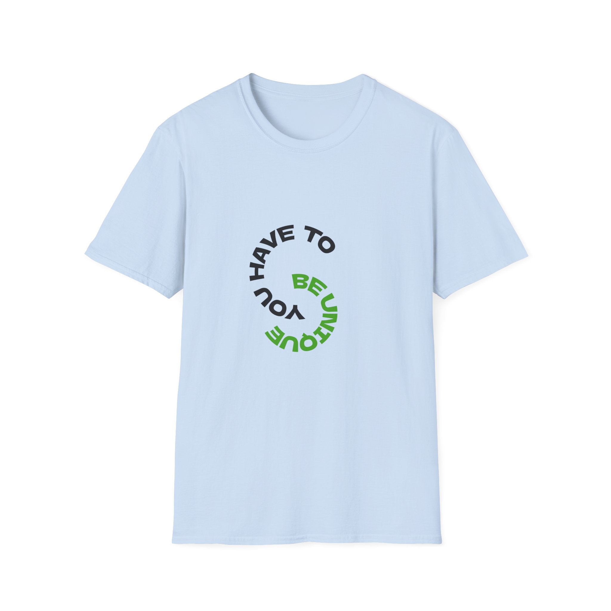 Unisex graphic T-shirt in light blue with green and black circular typographic logo