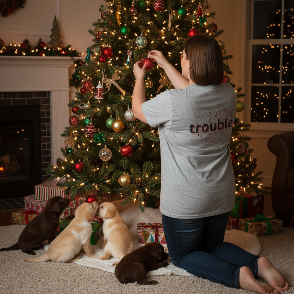 Women's heather grey tee with trouble word graphic on back