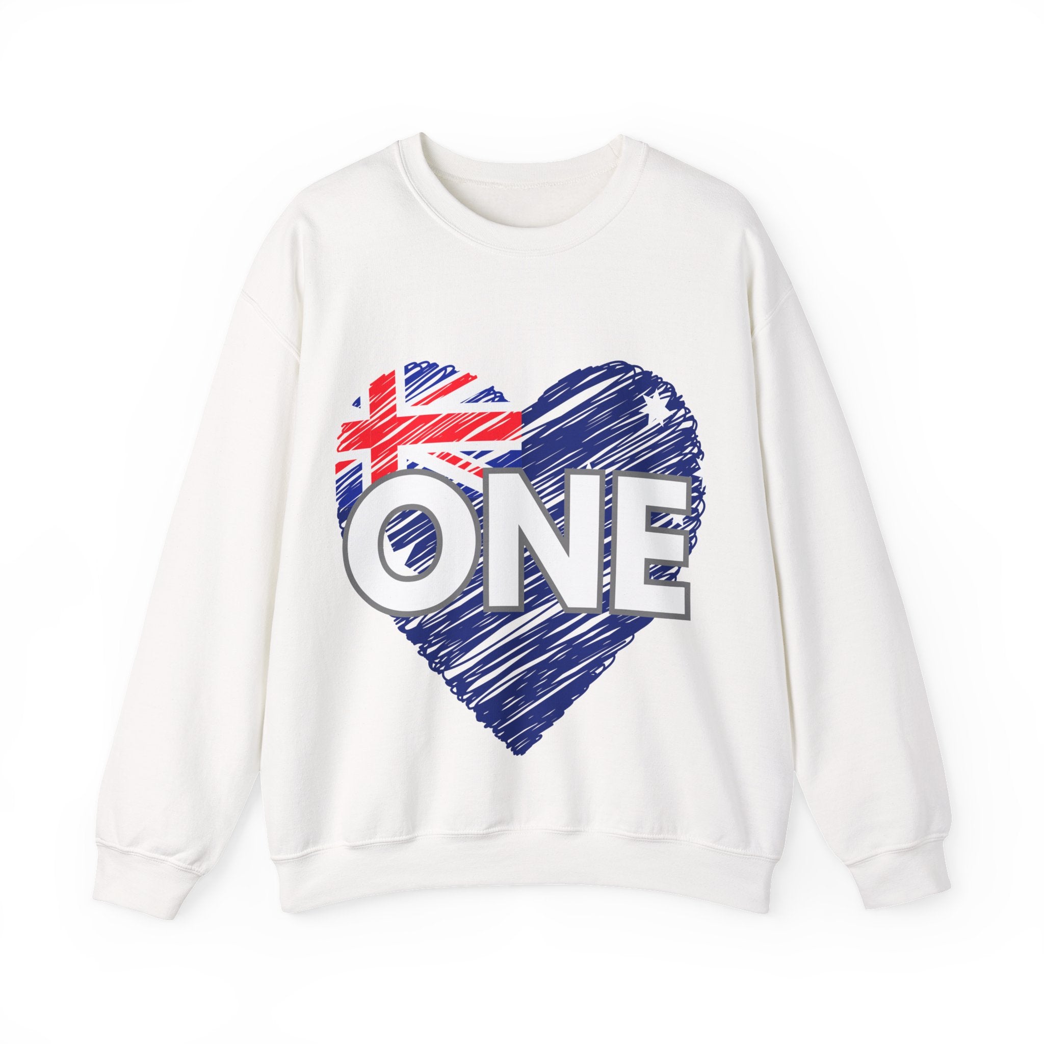 White crewneck sweatshirt with Australia flag heart graphic and 'ONE' front print