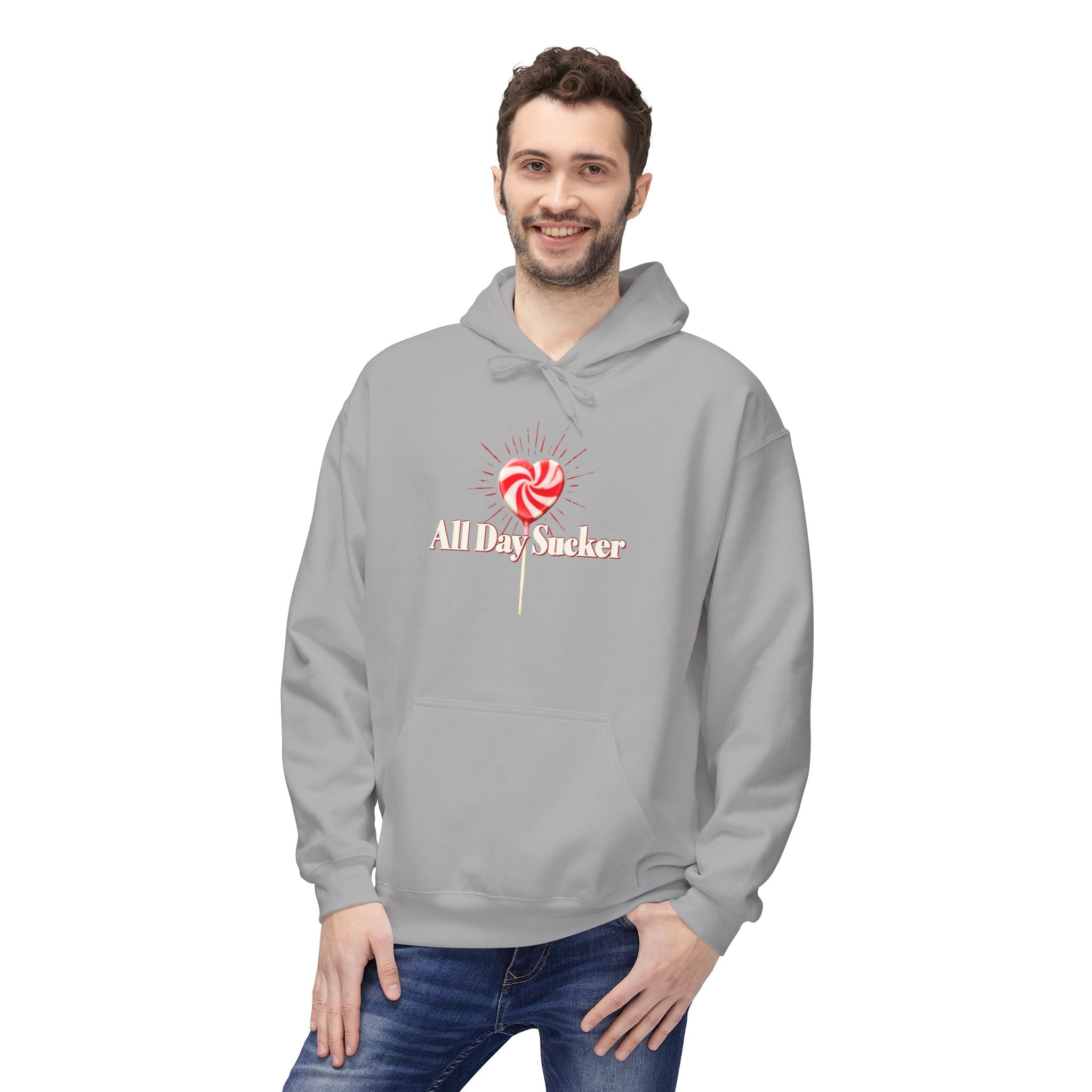 Light gray unisex hoodie on model, front view with drawstring hood and lollipop graphic